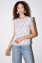 Women's Floral Patterned Ruffle Detailed Lined Pleated Chiffon Blue Blouse - 4