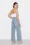 Women's Stone Embellished Lace Wide Leg Denim Blue Trousers - 5