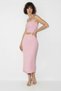 Women's Strapless Wrinkled Crop Blouse High Waist Midi Pencil Pink Skirt Set - 4