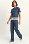 Women's Lace Detailed Short Sleeve Jacket Wide Leg Denim Navy Blue Set - 3