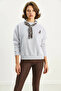 Women's Scarf Detailed Ceylan Embroidered Three Thread Embroidered Oversized Gray Sweatshirt