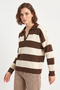 Women's Polo Collar Striped Knitwear Brown Cream Sweater - 4