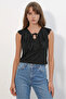 Women's V-Neck Ruffled Black Blouse