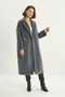 Women's Bearded Soft Textured Double-Breasted Collar Lined Smoked Coat with Belt and Pocket Detail - 4