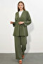 Women's V-Neck Belted Khaki Suit - 5