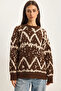 Women's Patterned Crew Neck Oversize Knitwear Brown Cream Sweater