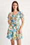 Women's Floral Patterned Mini Blue Dress with Bow Detail - 5