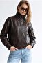 2218 Women's Stand Collar Epaulet Leather Bomber Jacket Brown