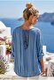 Italian Blue Lace Collar 3/4 Sleeve Lined Elastic Waist Sequined Silk Woven Blouse 65 70 - 3