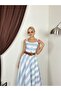 Women's Striped Square Neck Strappy Button Detailed Flared Midi Dress - 3