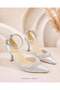 Laven Women's Silver Pointed Toe Pearl Detailed Satin Ankle Strap 7 cm Thin Heeled Evening Dress Shoes - 3