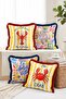 La Dolce Vita Set of 4 Fringed Throw Pillow Covers with Lobster and Crab Figures and Stripes - 2