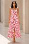 Women's Red Floral Patterned Long Dress with Tie Straps and Slits - 2