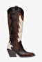 Beige Brown Matte Leather Embroidered Trok Detail Western Cowboy Boots - 2