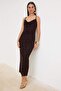 Kahverengi Kabartma Baskılı Bodycone/Vücudu Saran Maxi Örme Party Elbise TPRSS26EL00301 - 2
