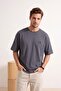 Anthracite Oversize/Wide Cut Slogan Embroidered 100% Cotton T-Shirt Tmnss26Ts00055