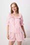 Pembe Çiçekli %100 Pamuklu Kesme Ponpon Dokuma Pijama Takımı THMSS26PT00249 - 2