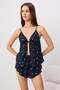 Navy Blue Floral Binding Detailed Viscose Woven Pajama Set Thmss25Pt00105