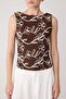 Brown Floral Regular Boat Neck Sleeveless Crop Textured Knitted Blouse Twoss26Bz00439 - 3