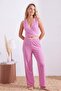 Pink Striped Lace Detailed Double Breasted Viscose Knitted Pajama Set Thmss26Pt00061 - 2