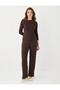 Coffee Melange Round Neck Long Sleeve Blouse with Metal Detail - 2