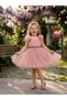 Girl's Pink Tulle Evening Dress - Shoulder Flower Detail, Belted, Hairband Gift Included, Fluffy Princess Model