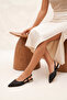 Women's Pointed Toe Hand Knitted Gold Metal Heel Open Back Strap Ballerinas Retas Black - 2