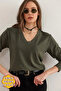 Women's Khaki V-Neck Wool Viscose Flowy Blouse Blz- 19002729