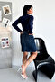 Women's Dark Blue Washed Regular Fit High Waist Mid-Length Lycra Denim Jeans Skirt Ali̇ce-4006 - 3