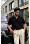 Black Breathable Half Oversize Muslin Fabric Short Sleeve Collared Men's Shirt - 4