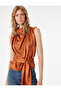 Sleeveless Tie-Up Belt Detailed Draped High Neck Textured Satin Blouse - 3