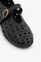 Black Genuine Leather Laser Cut Perforated Women's Ballerinas - 3