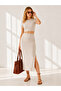 Women's Striped Beige Short Sleeve Slit Skirt Lycra Suit TKM-19000194