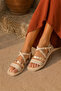 Beige Genuine Leather Studded Detailed Cross-Strapped Flat Sole Women's Sandals - 2