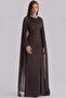 Yoryo Silk Hijab Evening Dress with Stone Detailed Cape on the Collar K. Brown 1247 - 3