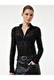 Mock Neck Lace Blouse with Long Sleeves and Half Zipper Detail - 2