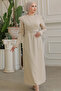 Beige Hijab Evening Dress with Buckle Belt 664BEIGE - 2