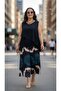 Elastic Waist Front Slit Capri Pants Japanese Sleeves Double Layered Blouse Plus Size Two-Piece Set - 6
