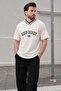 Ecru V-Neck Printed Short Sleeve Overfit T-Shirt 7039