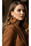 Women's Hoop Dangle Earrings – Tan Color Fabric Design - 5