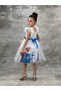 Girl's White Elsa and Anna Character Printed Blue Tulle Birthday Dress and Evening Gown - 4
