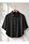 Satin Look Retro Model Loose Short Sleeve Shirt for Women Shiny Black
