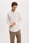 Men's Slim Fit 100% Cotton Buttoned Collar Flam Linen Ecru Shirt - 6