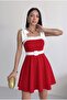 Women's Stripe Detail Strapless Neck Tie-Up Strap Design White Red Flared Mini Evening Dress - 3