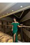 Katre Collar Frilly Slit Evening Dress 582834 Zumrut - 3
