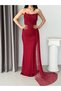 Burgundy Strapless Ruched Draped Long Evening Dress - 5