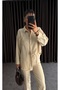 Women's Beige Two-Piece Linen Shirt Pants Top and Bottom Set