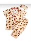 Mother-Daughter Cotton Teddy Bear Strawberry Pattern Shirt Collar Beige Color Piping Sleep Band Short Sleeve Pajama Set - 2