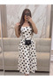 Women's Square Neck Belted Polka Dot Midi Cotton Satin Dress - 3
