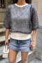 Women's Navy Blue Athlete-Style Sequined Mesh Blouse - 2